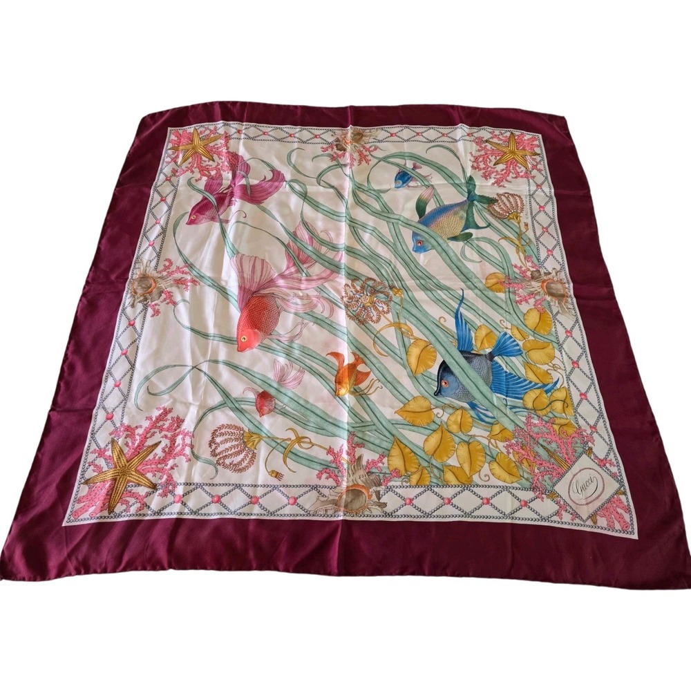Gucci Vintage Silk Square Scarf Pesci Sea Life Fish - Flaw Color Bleeding 33"